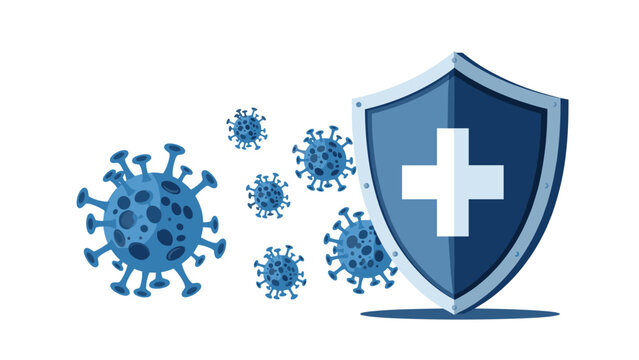Illustration of several virus or bacteria cells being blocked by a protective medical shield with a white cross symbol.