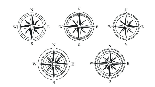 Collection of five unique black and white compass rose icons showing cardinal directions for navigation and cartography.