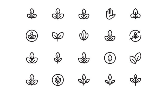 A versatile collection of minimalist line art leaf icons symbolizing growth, nature, and environmental consciousness, ideal for eco-friendly branding and sustainable designs