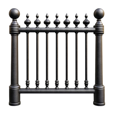 Wrought iron garden fence decorative metal railing ornamental fence panel isolated, black barrier with spear finial and post for design