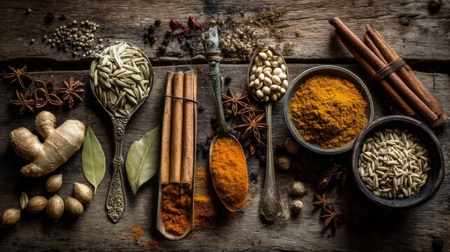Colorful Arrangement of Spices and Herbs on Wooden Surface
