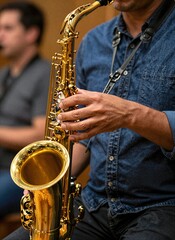 Obraz premium Close-Up of Saxophonist Performing on Brass Instrument