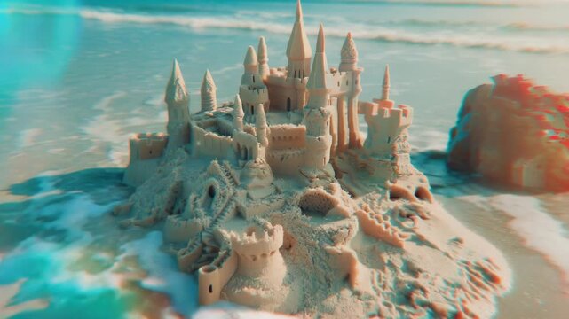 Spectacular sandcastle built on a sandy beach with intricate designs and towers, offering playful architecture for families.