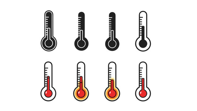 Collection of thermometer icons displaying various temperature levels and heat intensities are presented in a simple black and red design.