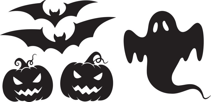Halloween silhouette vector set, spooky ghost and flying bats icons, carved jack o lantern pumpkins, black holiday graphics on white background