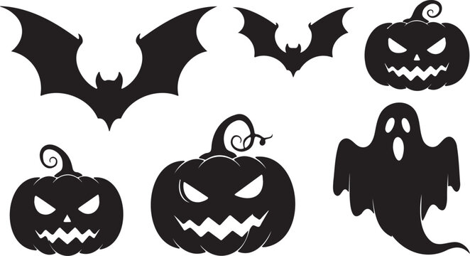 Halloween silhouette vector set, spooky jack o lantern pumpkins and flying bats, 6 black holiday icons, ghost and monster character elements
