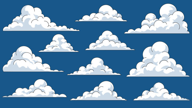 Pixelated clouds of various forms and sizes arranged on a dark blue background suitable for game backgrounds or retro style art.