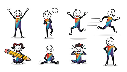 Fototapeta premium Stick figure character showing a wide range of human emotions and actions including joy, sadness, fear, anger, and concentration.