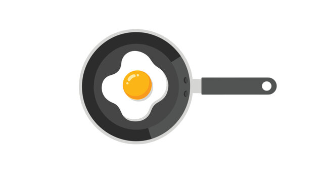 Single fried egg with a bright yellow yolk sits in the center of a dark frying pan in this top-down view vector illustration.
