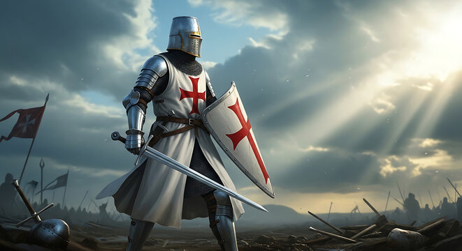 A valiant knight in shining armor stands ready for battle, holding a sword and shield with a red cross emblem.