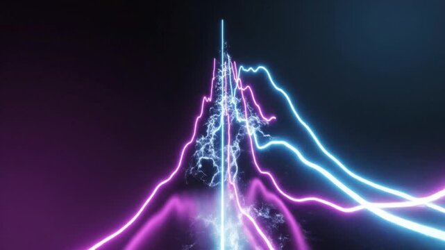 A futuristic dynamic abstract motion graphic featuring glowing neon purple and blue light lines on a dark background. The lines shift and transform, taking the form of energetic lightning bolts and as