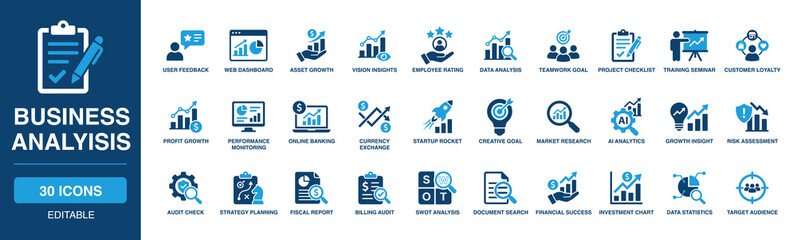 Business Analysis solid vector glyph icon set featuring user feedback, web dashboard, data analysis, asset growth, project checklist, teamwork goal, market research, and startup rocket. © Vector IMG