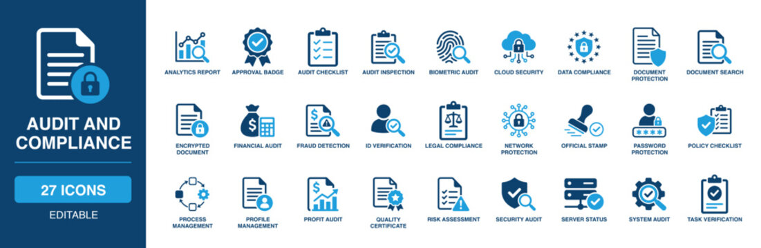 Audti And Compliance solid vector glyph icon set featuring analytics report, biometric audit, cloud security, document protection, legal compliance, quality certificate, and system audit.