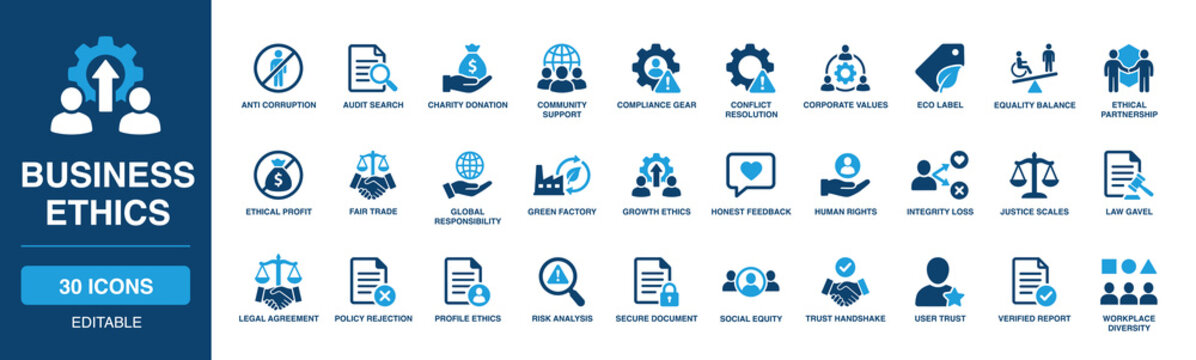 Business Ethics solid vector glyph icon set featuring anti corruption, charity donation, conflict resolution, human rights, justice scales, workplace diversity, and ethical partnership.