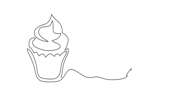 Animated self drawing of continuous line draw of cake muffin cupcake coffee cup   Full length one line animation. 4K	