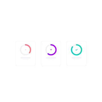 Three mobile app loading progress indicator icons in red, purple, and green on transparent background