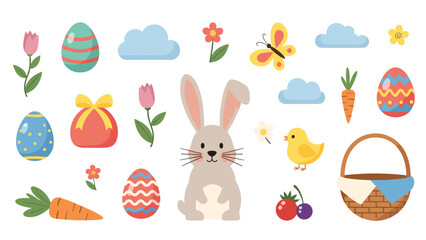 Fototapeta premium Extensive collection of colorful Easter themed elements including bunny, eggs, chick, basket, flowers, and garden items for spring.