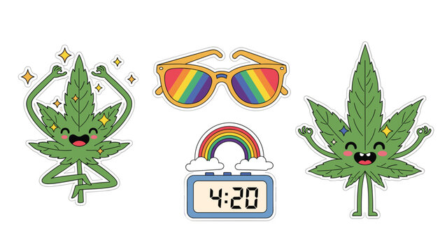 Set of fun cannabis themed stickers featuring happy marijuana leaves, rainbow sunglasses, and a digital clock showing four twenty.