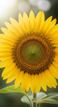 Close-up of a large, vibrant yellow sunflower with a dark green center, representing summertime and nature's beauty, perfect for various backgrounds