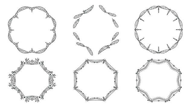 Collection of hand drawn boho style circular feather frames and ethnic border elements isolated on white background for decorative art.