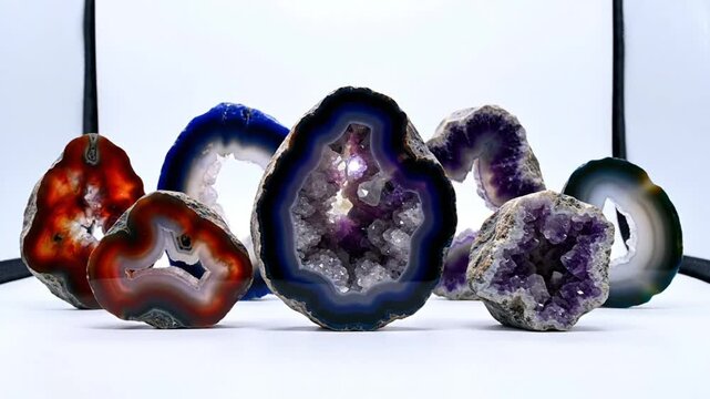 Beautiful collection of sparkling amethyst crystal geodes and agate slices displayed on a white surface