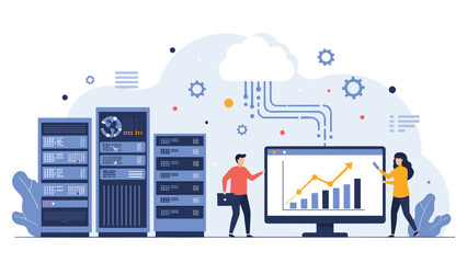 Obraz premium IT professionals managing server data center and analyzing business growth charts on computer monitor with cloud icon for technology.