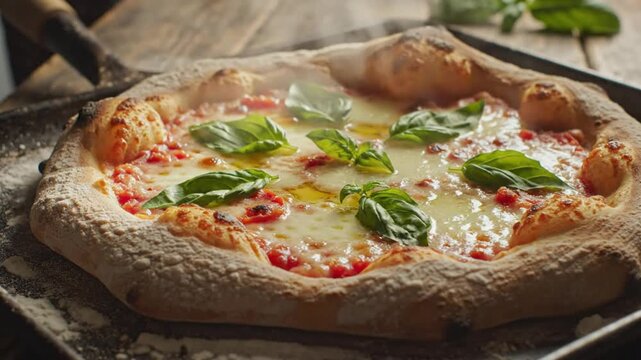 Delicious Margherita pizza fresh from the oven with basil leaves, served on a baking sheet, ready to eat
