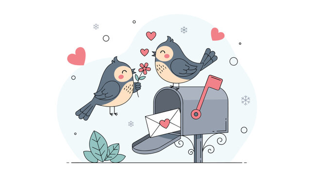 Two cute birds perched on a mailbox with love letters and hearts for romantic valentine day theme and seasonal greeting card design.