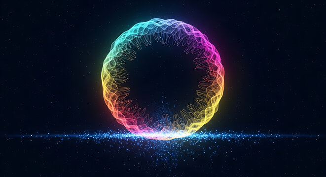 Colorful glowing particle ring and abstract digital sphere of light on dark background for futuristic technology science concept and cosmic energy circle illustration for backdrop decoration