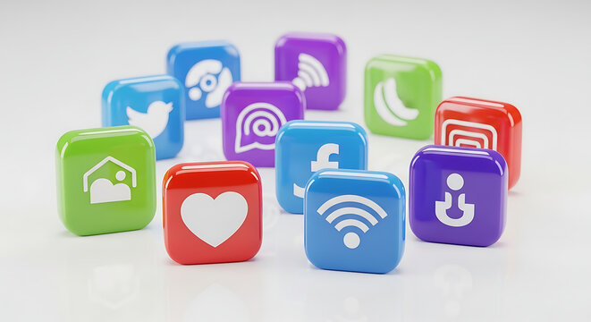 A vibrant collection of 3D social media and digital communication icons arranged on a clean white surface, representing connectivity and online interaction.