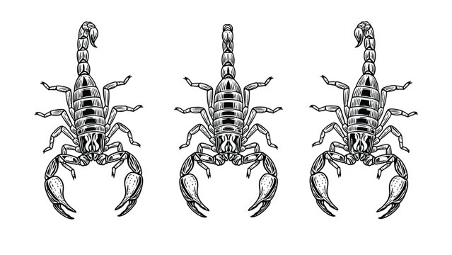 Three Detailed Vintage Engraving Style Scorpions Illustration Set on White Background