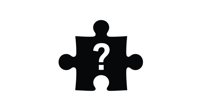 A black silhouette of a jigsaw puzzle piece contains a white question mark suggesting uncertainty or a missing element high quality