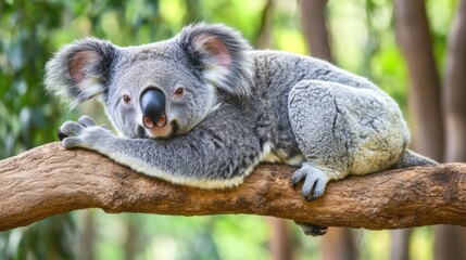 Obraz premium A Koala Rests Peacefully on a Eucalyptus Tree Branch