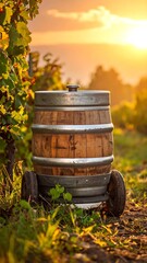 Obraz premium Wine Barrel in Vineyard at Sunset - Rustic Charm and Golden Light.