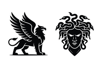 Mythological griffin and medusa head vector graphics with black and white © Sadek