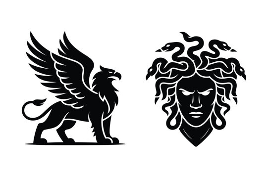 Mythological griffin and medusa head vector graphics with black and white