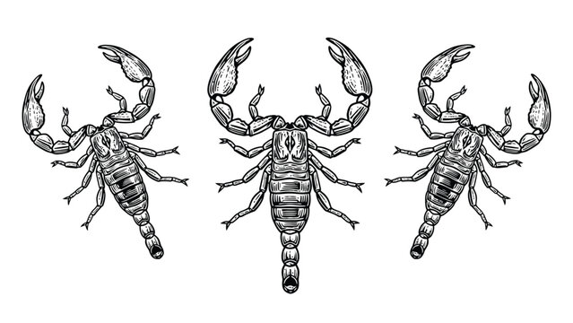 Detailed Scorpion Engraving Set. Hand-drawn Vintage Style Illustration of Three Scorpions.