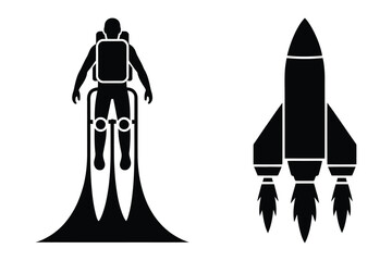Fototapeta premium Jetpack man flying and rocket ship silhouette vector