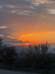 Naklejka premium Beautiful panorama view of the sunset in March in Bulgaria - the spring is here with many fruit trees blooming even along the highways 