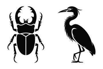 Naklejka premium Scarab beetle and heron bird vector silhouette