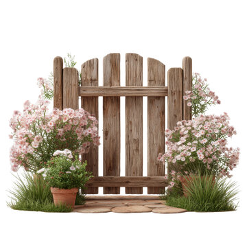 Rustic wooden garden gate front view flowering plant potted flower terracotta pot stone path, cottage entrance framed by pink blossom and grass