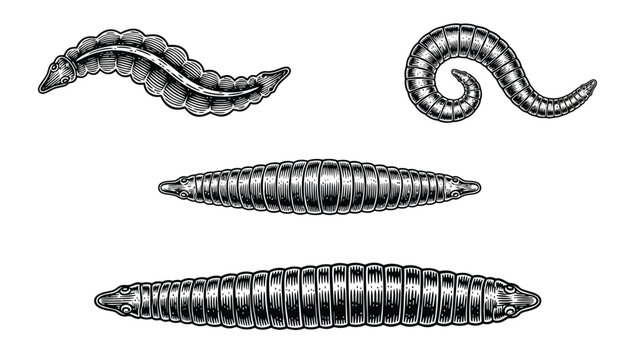 Vintage Engraved Worms and Larvae. Detailed Set for Biological Illustration.