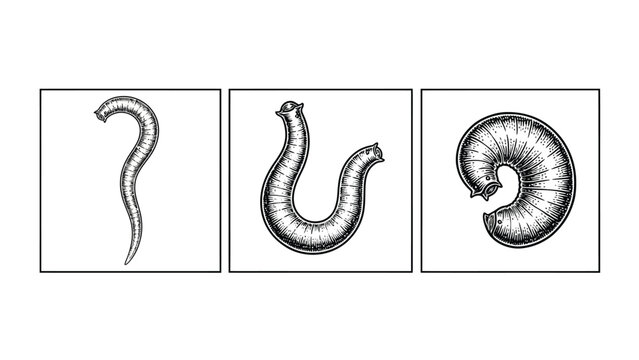 Scientific illustration of worm morphology: coiled, segmented, and simple forms