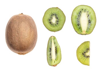 Fototapeta premium Different Kiwi Fruit Cubes or Chinese Gooseberry Slices Isolated on White Background with Copy Space