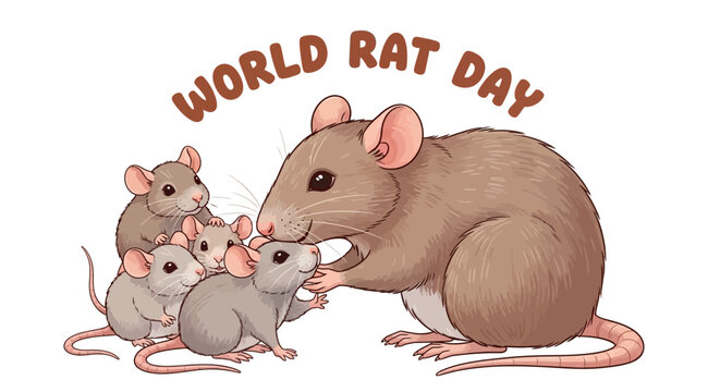 Illustration of a large brown rat with four smaller rats on World Rat Day against a clean white background with a cute and appreciative mood.