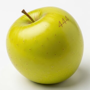 Green apple with handwritten number 444 on white background for numerology or healthy lifestyle concept