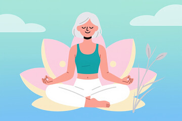 Obraz premium A woman is meditating on a lotus flower in a peaceful, cartoon-style illustration with pastel colors and a calming blue-green background with clouds.