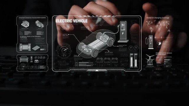 Technical layout of electric vehicle showing battery system, power control, traction motor, charging interface, and integration with renewable and smart energy sources Marrow