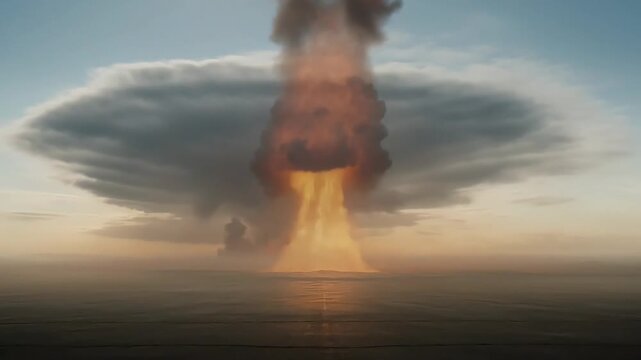Nuclear bomb explosion over the ocean at sunset with massive mushroom cloud formation
