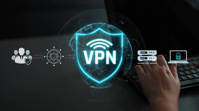 Visual representation of Virtual Private Network concept with connected shield symbol, network nodes, and secure data communication visual elements Sigmoid